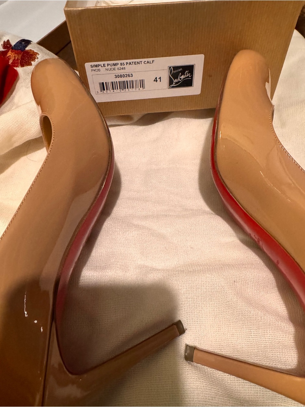 Christian Louboutin Nude Patent Stiletto Pumps with Signature Red Soles - Picture 7 of 11